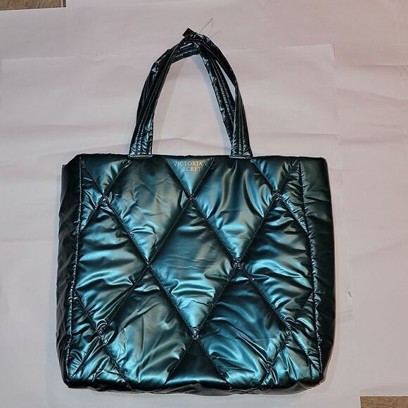 NWT Victoria's Secret Green Teal Quilted Puffer Tote Shopping Bag Handbag Purse - Picture 2 of 8
